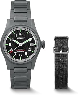 BODERRY Men's Watch Titanium Automatic Field Watch 38mm Military Watch Day Date Function 100M Waterproof with Nylon Strap Japanese NH35 Mechanical Movement & Screw Down Crown—LANDMASTER
