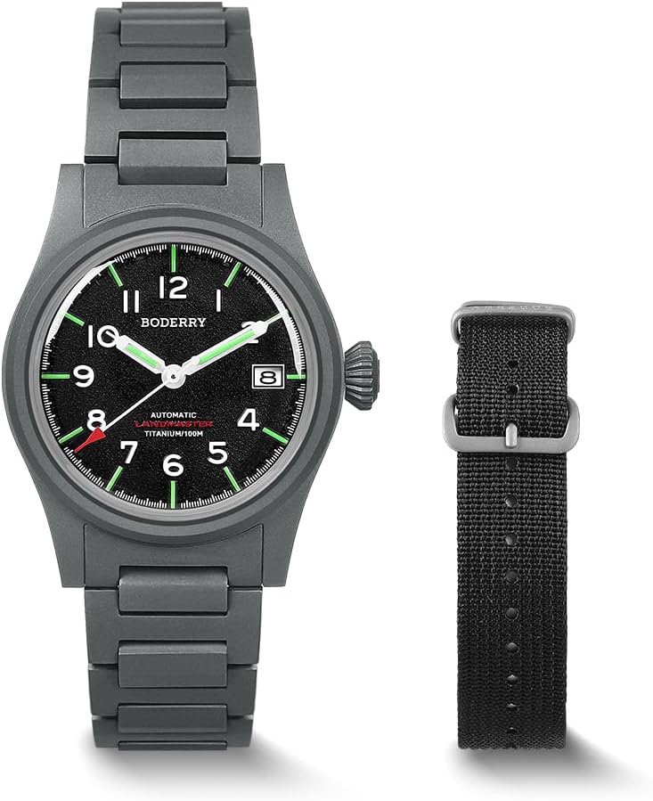 BODERRY Mens Titanium Automatic Field Watch 38mm Military Watch Day Date Function 100M Waterproof Nylon Strap Japanese NH35 Mechanical Movement & Screw Down Crown - LANDMASTER, black-b, Bracelet Type