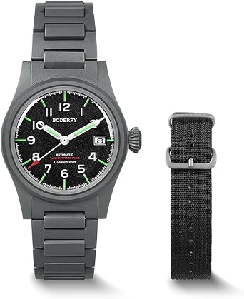 BODERRY Mens Watch Titanium Automatic Field Watch 38mm Military Watch Day Date Function 100M Waterproof with Nylon Strap Japanese NH35 Mechanical Movement & Screw Down CrownLANDMASTER