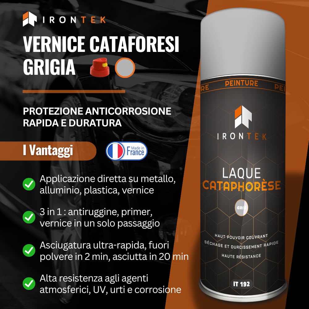 Vernice Spray Antiruggine Telaio - IRONTEK - 400 ml | IT192 | Grigio Cataforesi | 3 in 1 Primer Fondo | Asciugatura Rapida 20 min