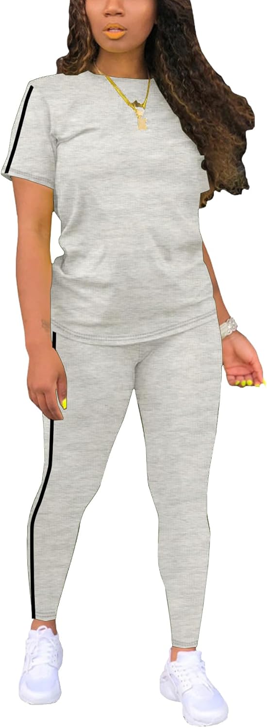 BNGPIKLY Women's 2 Piece Outfits Sweatsuit Summer Workout Striped Short Sleeve Long Sweatpants Casual Jogging Lounge Set