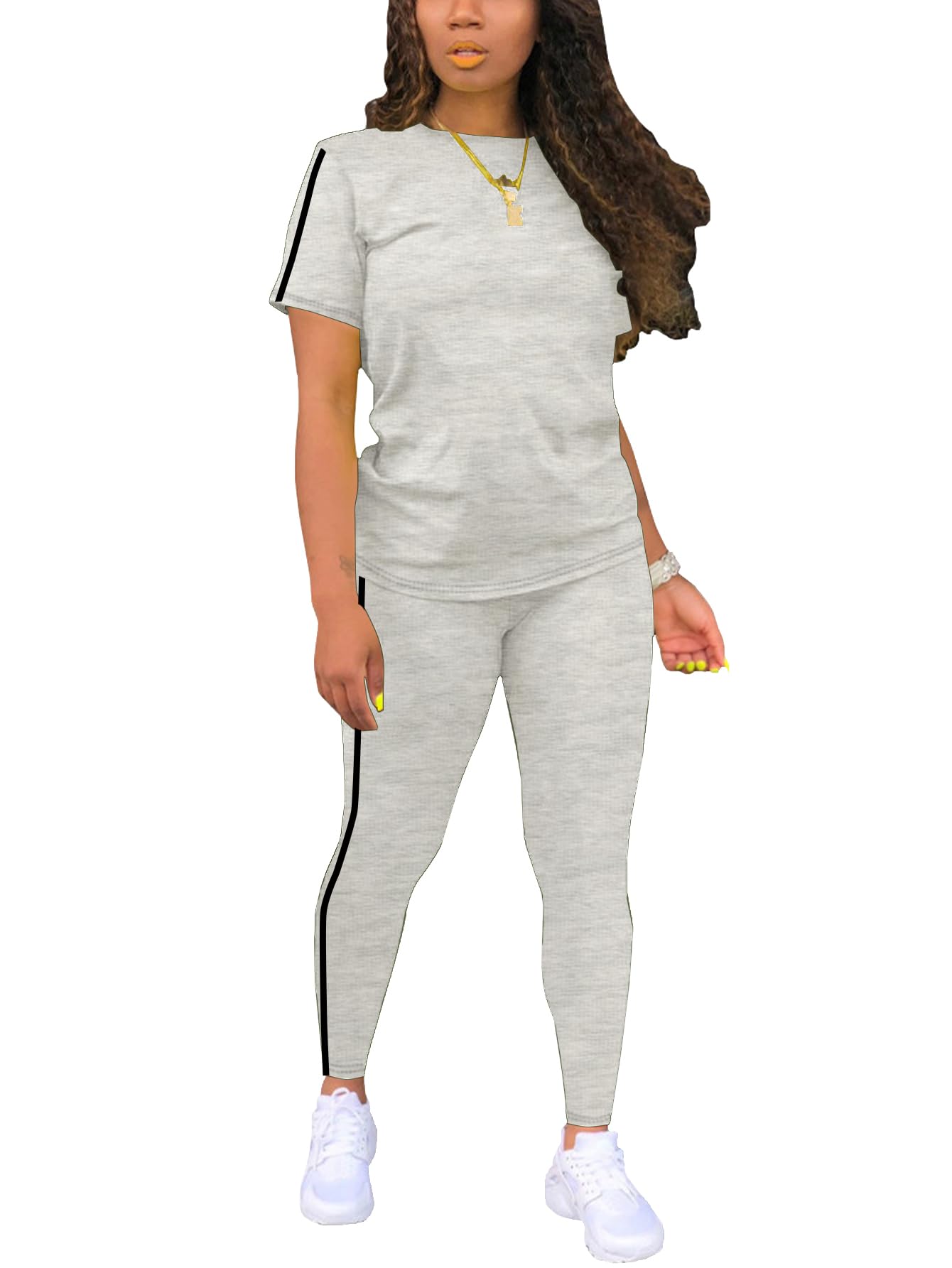Women's 2 Piece Outfits Sweatsuit Summer Workout Striped Short Sleeve Long Sweatpants Casual Jogging Lounge Set