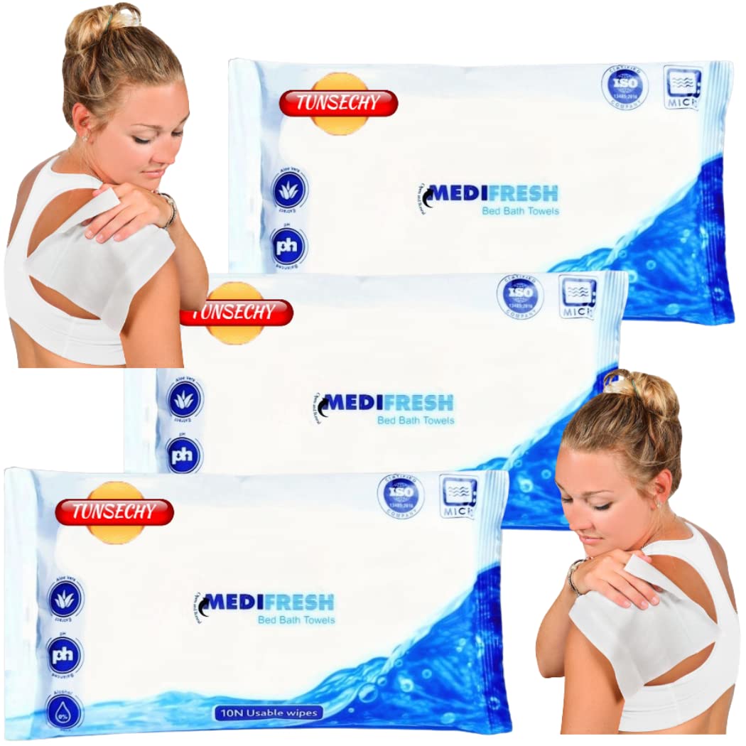 TUNSECHYMedifresh Pack of 1 Hygiene Bed Bath Towels Big Wet Wipes for Adults, Patient, Baby Wet Wipes. Moisturizing Refreshing Sponge Bath. 10 Pulls/Pack- Microwaveable Bed Bath Towels/Baby Wipes