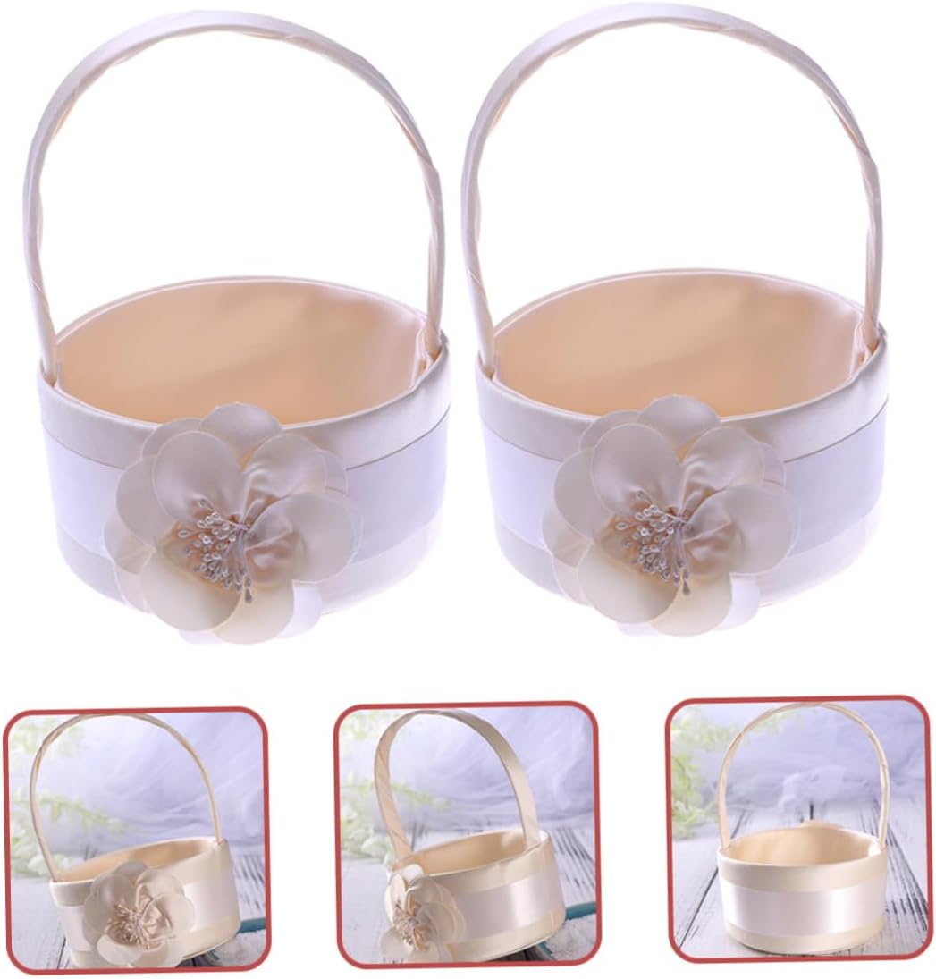KICHOUSE Satin Flower Girl Basket Set of 2 round Floral Petal Holder for Wedding Ceremony Bridal Flower Basket Elegant Wedding Supplies Decoration