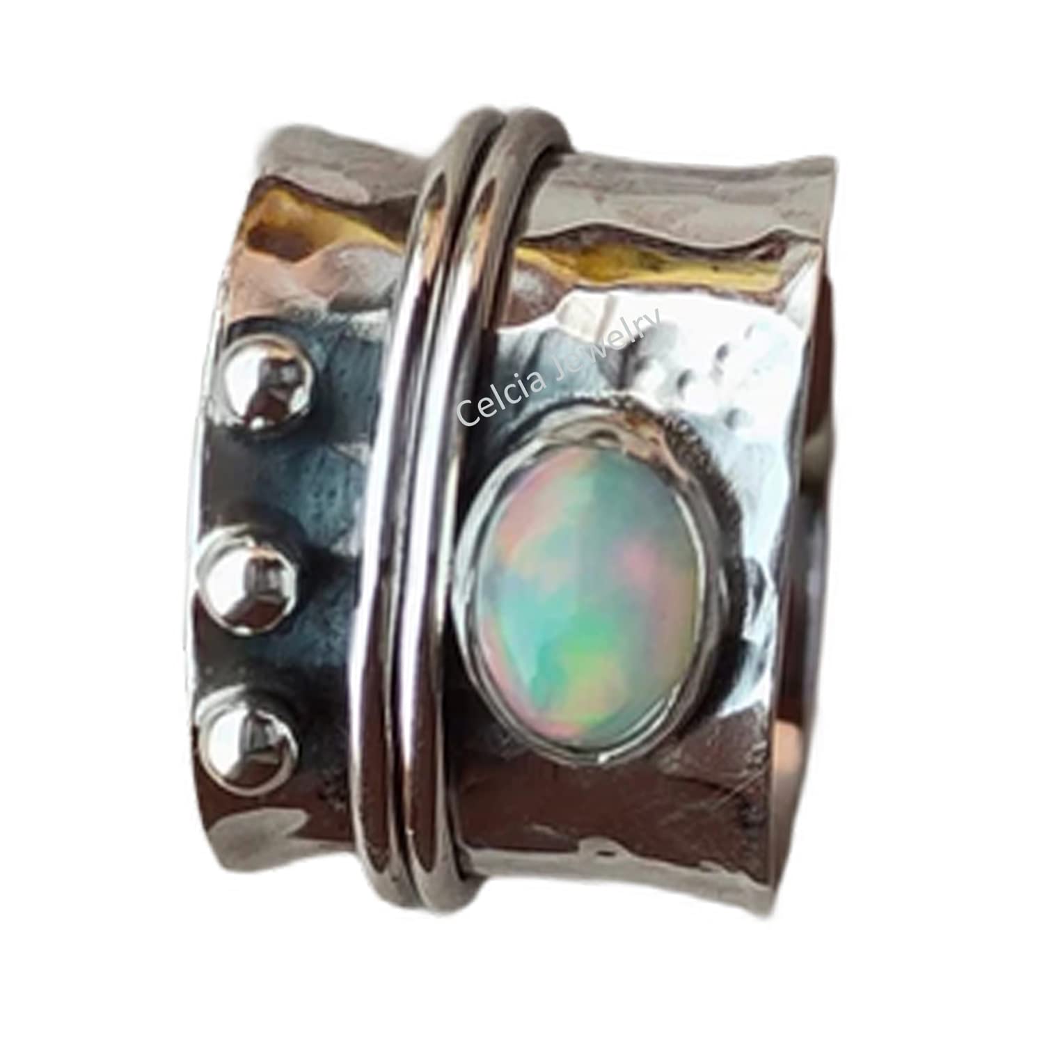 Solid 925 Sterling Silver Meditation Spinner Ring, Natural Abalone Shell Gemstone Spinning Ring, Unique Handcrafted Jewelry for Women/Men