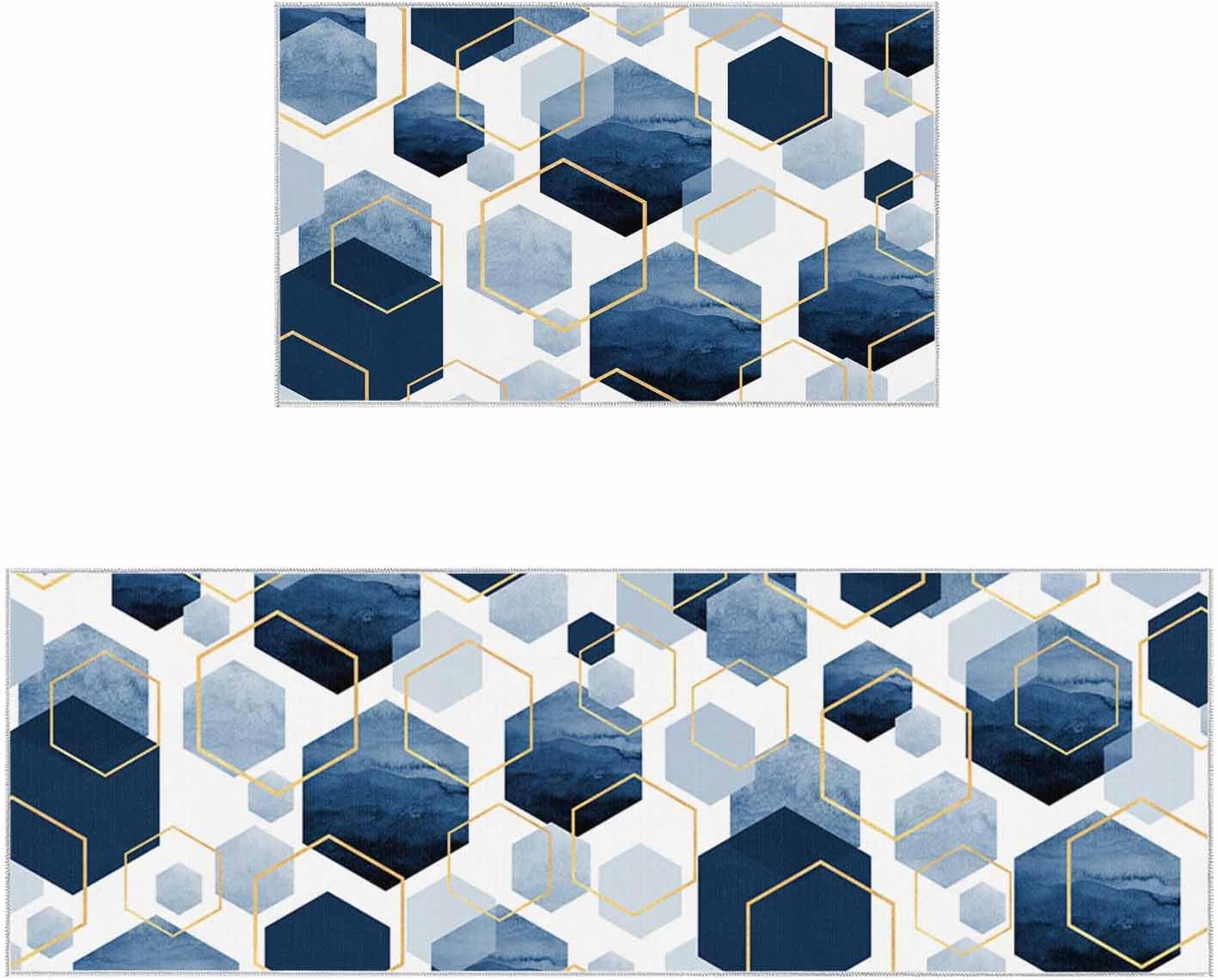 2 Pieces Kitchen Rugs and Mats,Navy Blue Geometric Art Gold Line Area Runner Rug Set Non Slip Floor Doormat Washable Carpet Standing Mat for Kitchen Sink Indoor Corridor,Modern Hexagon Texture