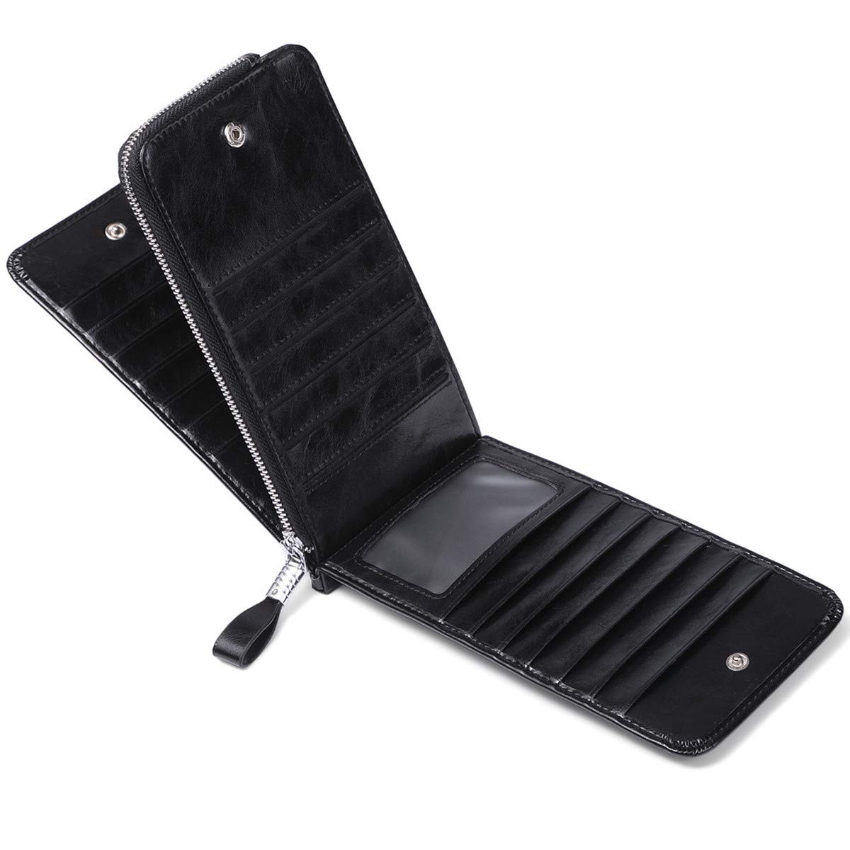 Cartera de piel auténtica para mujer, con cremallera larga con cremallera RFID, Cuero Cera Negro, Cartera Rfid 6