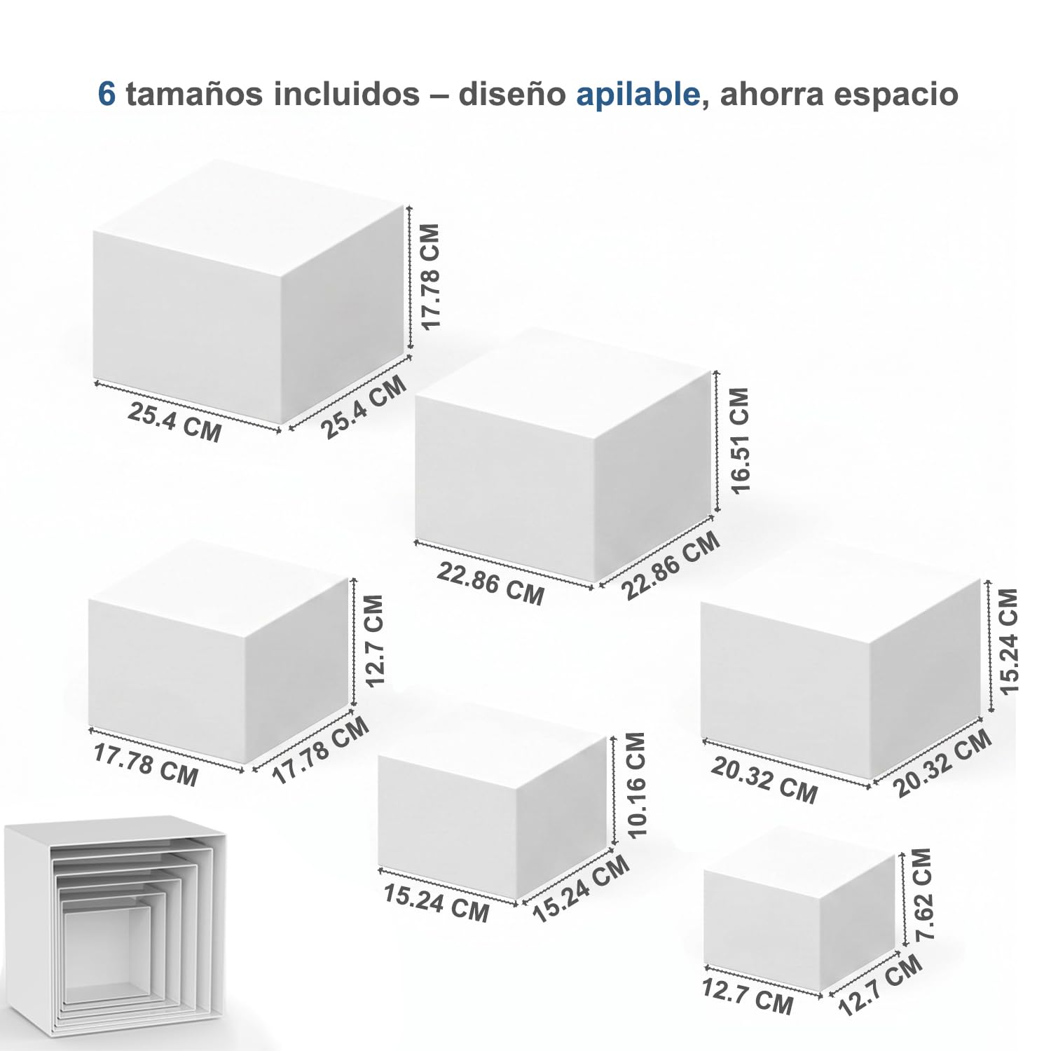 FUSHITON 6 Piezas Soporte para Postres de Plástico Blanco, Base de Presentación para Buffet - Cubos Expositivos de 5 Caras Apilables para Repostería, Decoración, Tienda (6 Tamaños Diferentes)