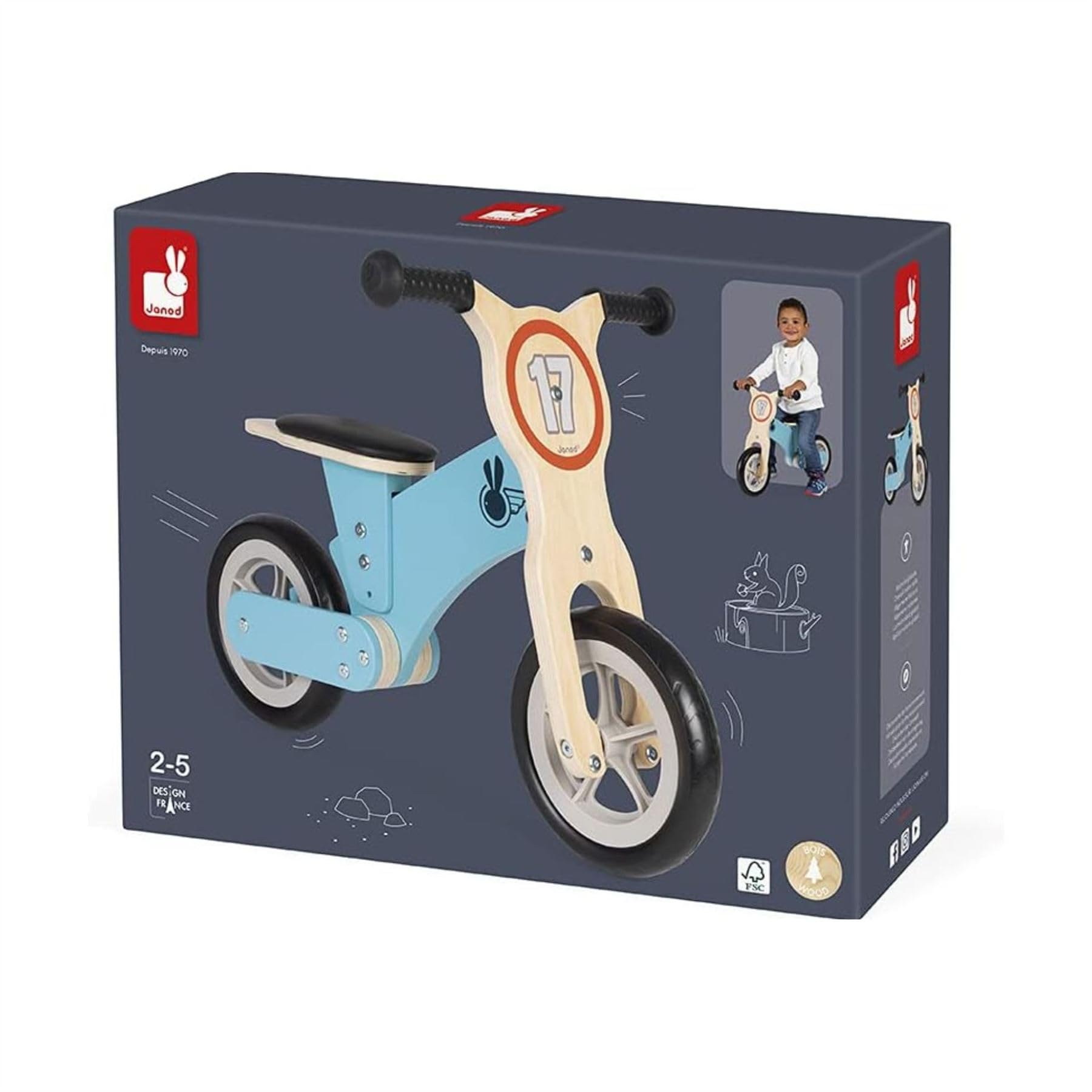 Janod - Bikloon ‘Little Racer’ - Laufrad aus Holz - Lernlaufrad - Motorik und Gleichgewichtssinn Entwickeln - Kinder Holzspielzeug - FSC-Zertifiziert - Ab 2 Jahren, J03285