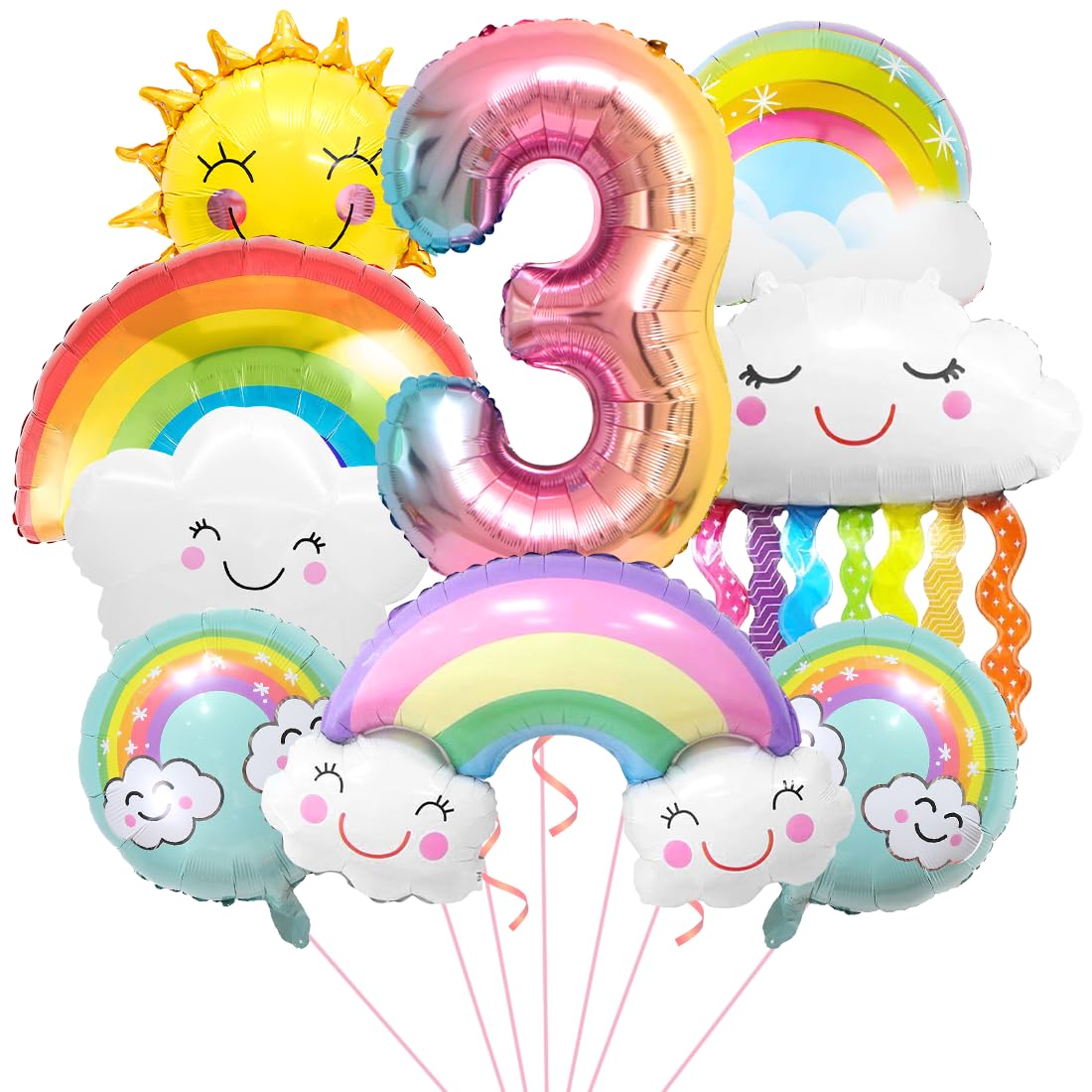 Regenbogen Geburtstagsdeko 3, Folienballon Wolken, Zahl 3 Ballon, Luftballons Wolken Quasten, Helium Ballon Sonne, für Jungen Mädchen Geburtstag Party Dekoration