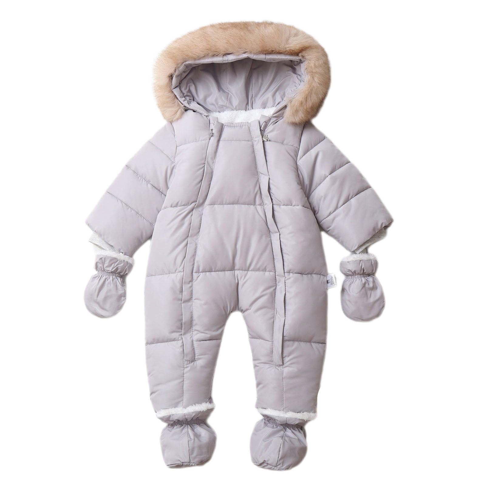 Tuta da Neve Bebè Maschile Tutina in Pile Invernale con Collo in Finta Pelliccia Rimovibile Salopette con Cappuccio per Neonato Bambino Cappotto Caldo Grigio 10-12 Mesi