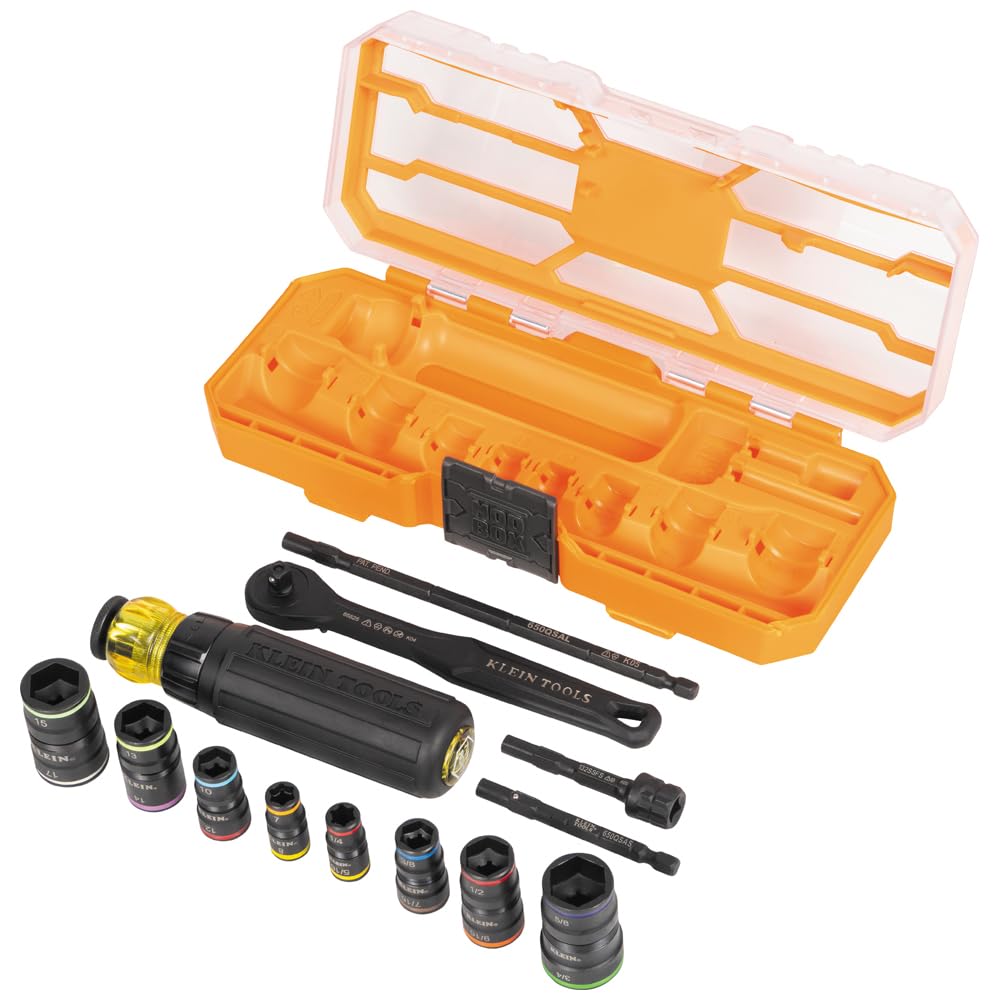 Klein Tools 65242 Zestaw nasadek udarowych KNECT, zestaw wkrętaków zapadkowych, napęd 1/4-calowy, SAE i metryczne gniazda z klapką, 16 rozmiarów sześciokątnych, adaptery, obudowa MODbox