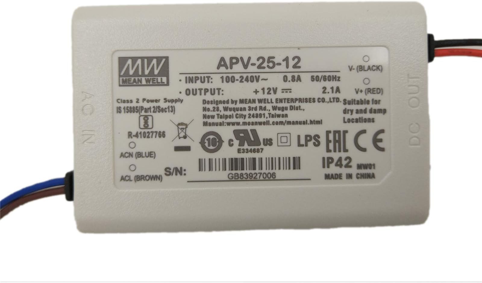 MW APV-25-12 12V 2.5A 25W Single Output LED Switching Power Supply