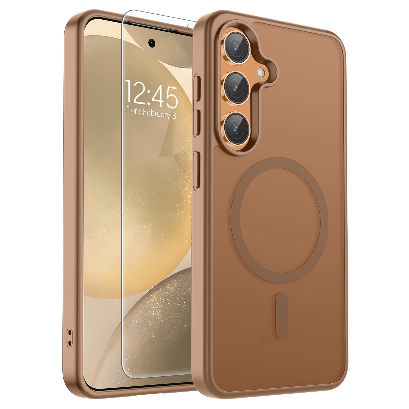 SUPFINE Magnetic for Samsung Galaxy S24 Case / S25 Case with Screen Protector, (Built-in Magnets) (Military Grade Drop Protection) Slim Translucent Shockproof Phone Case,Brown