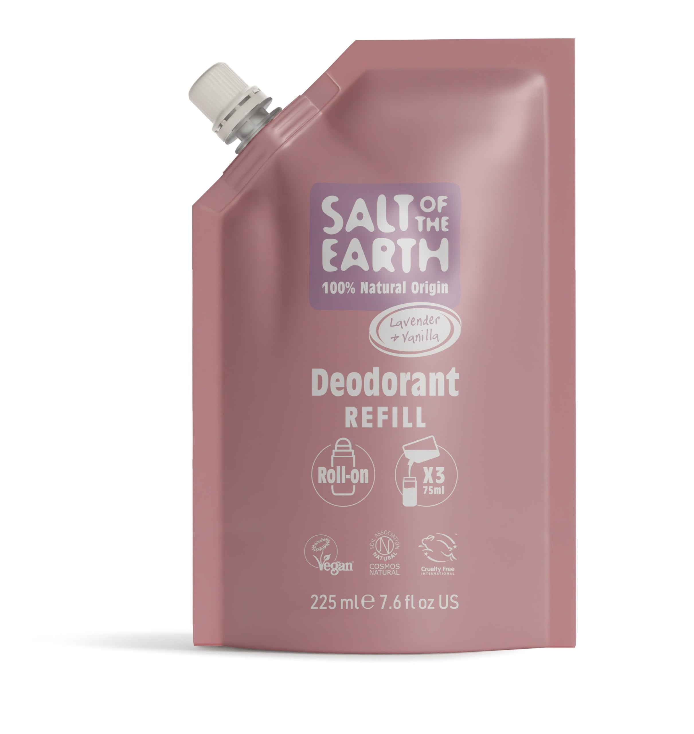 Salt of the Earth - Natural Deodorant Roll On Refill Pouch, x3 Uses - Lavender & Vanilla - Vegan, Long Lasting Protection, Made in the UK - 225ml