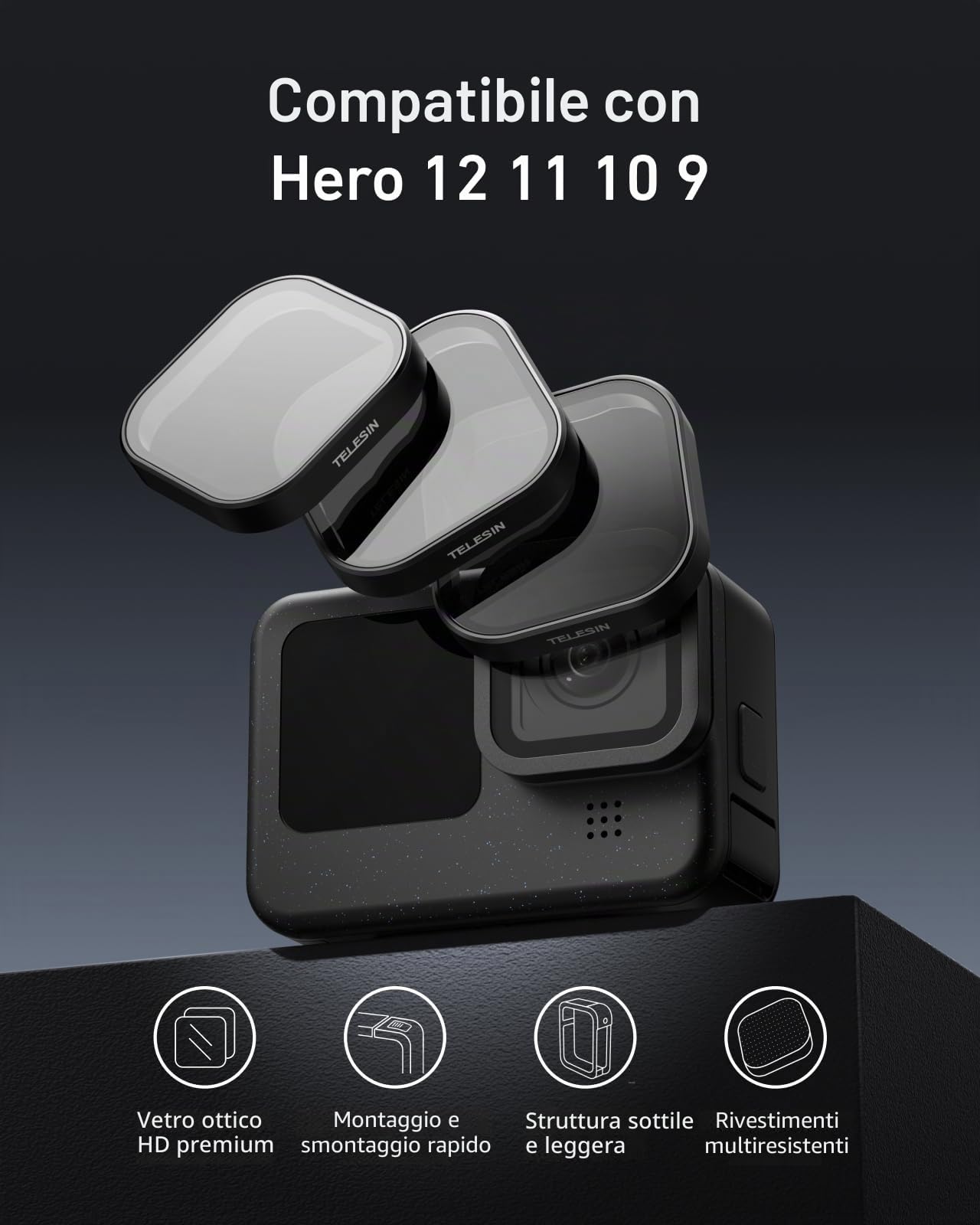 TELESIN 3 Pezzi Filtro a Densità Neutra ND8 ND16 ND32 Compatibile con GoPro Hero 12 Hero 11 Hero 10 Hero 9 Nero- Kit Filtro Obiettivo Protezione Obiettivo per Go Pro 11 10 9 Accessori Fotocamera