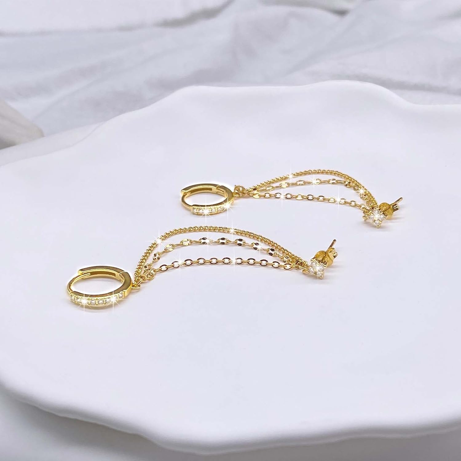 925 Sterling Silver Four Zircons Flower Stud Double Piercing Chain Earrings | Double Piercing Dangle Three Chains Hoop Earrings | Double Piercing Earrings Gifts Jewelry for Women - Image 6