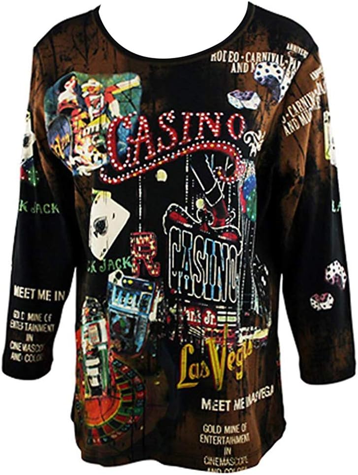 Casino, 3/4 Sleeve, Scoop Neck Cotton Print Rhinestone Top