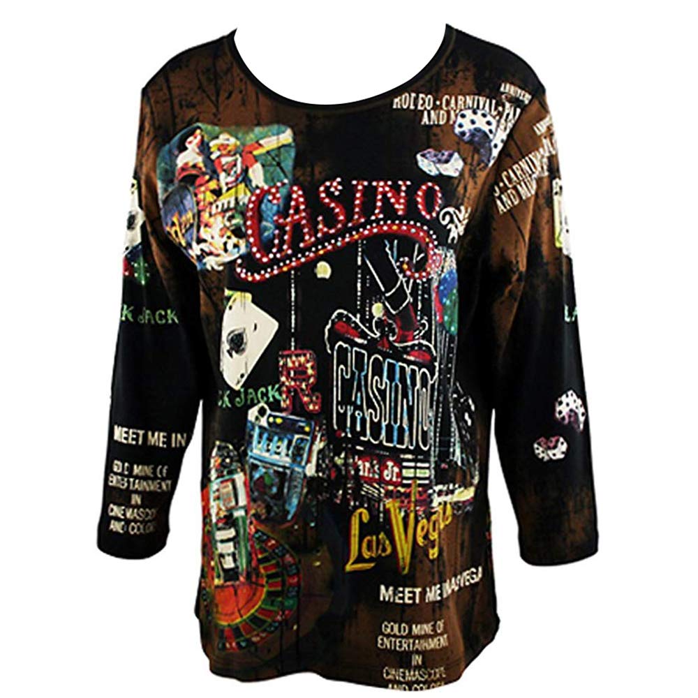 Casino, 3/4 Sleeve, Scoop Neck Cotton Print Rhinestone Top