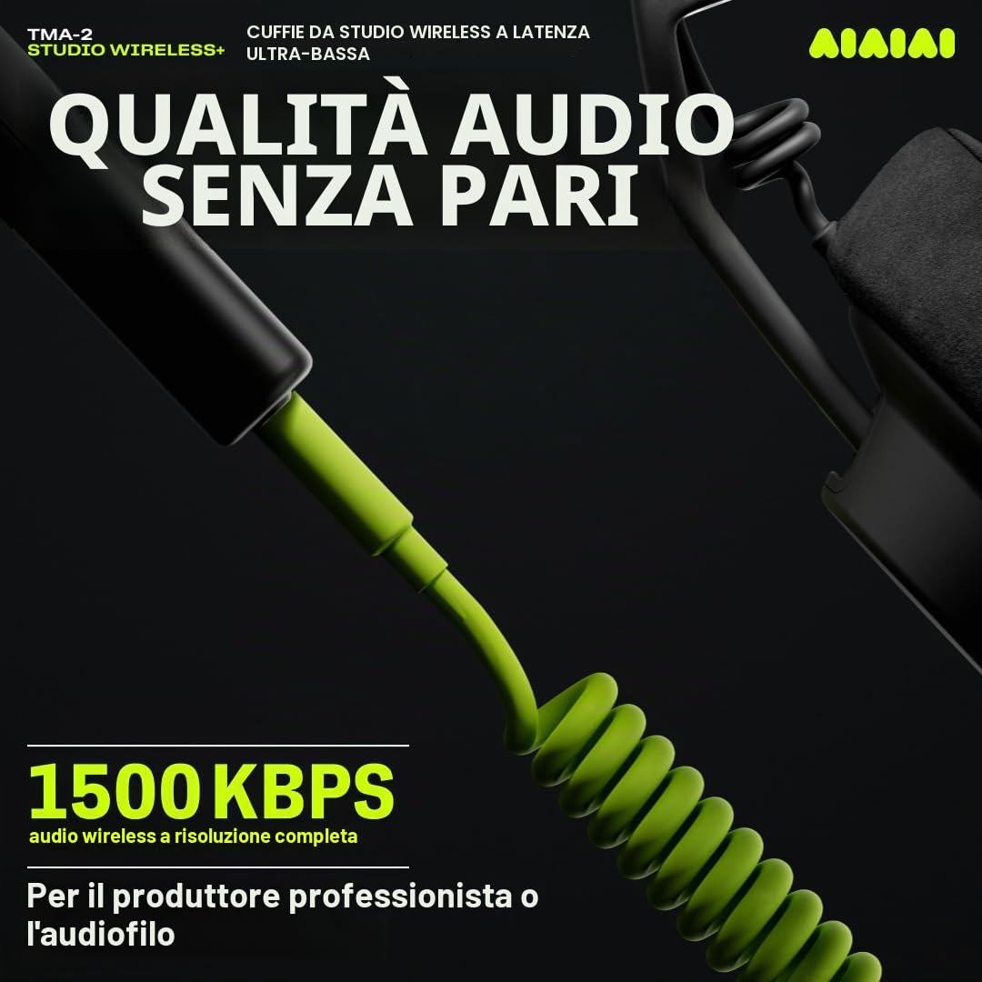 AIAIAI TMA-2 Studio Wireless+ cuffie professionali con audio wireless non compresso a latenza ultra bassa, cuscinetti over-ear in memory foam, Bluetooth integrato e cavo spiralato rimovibile