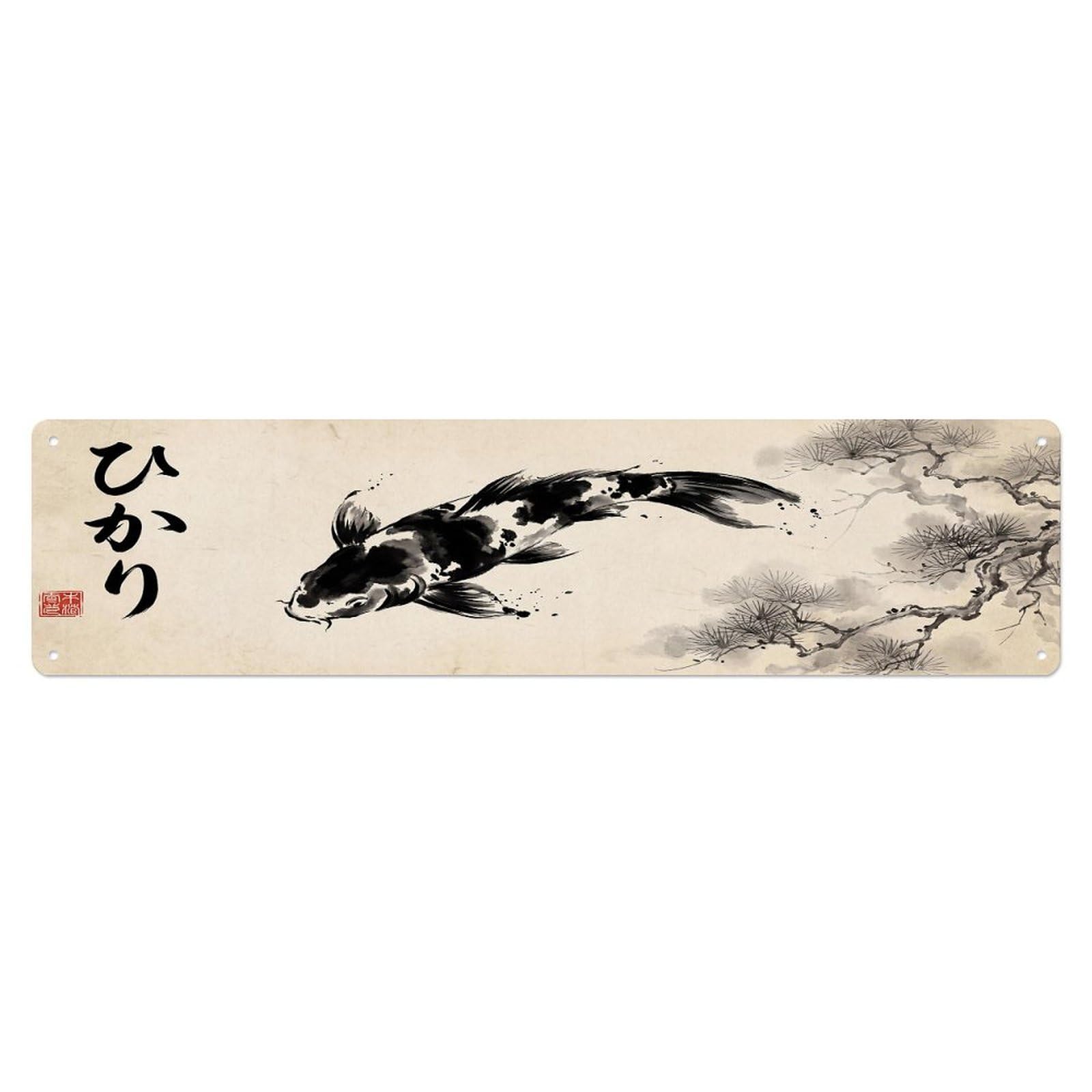 Olhnbad 4X16inch(10X40cm) Koi Fish Japanese Tranquil Artwork Metal Tin Sign