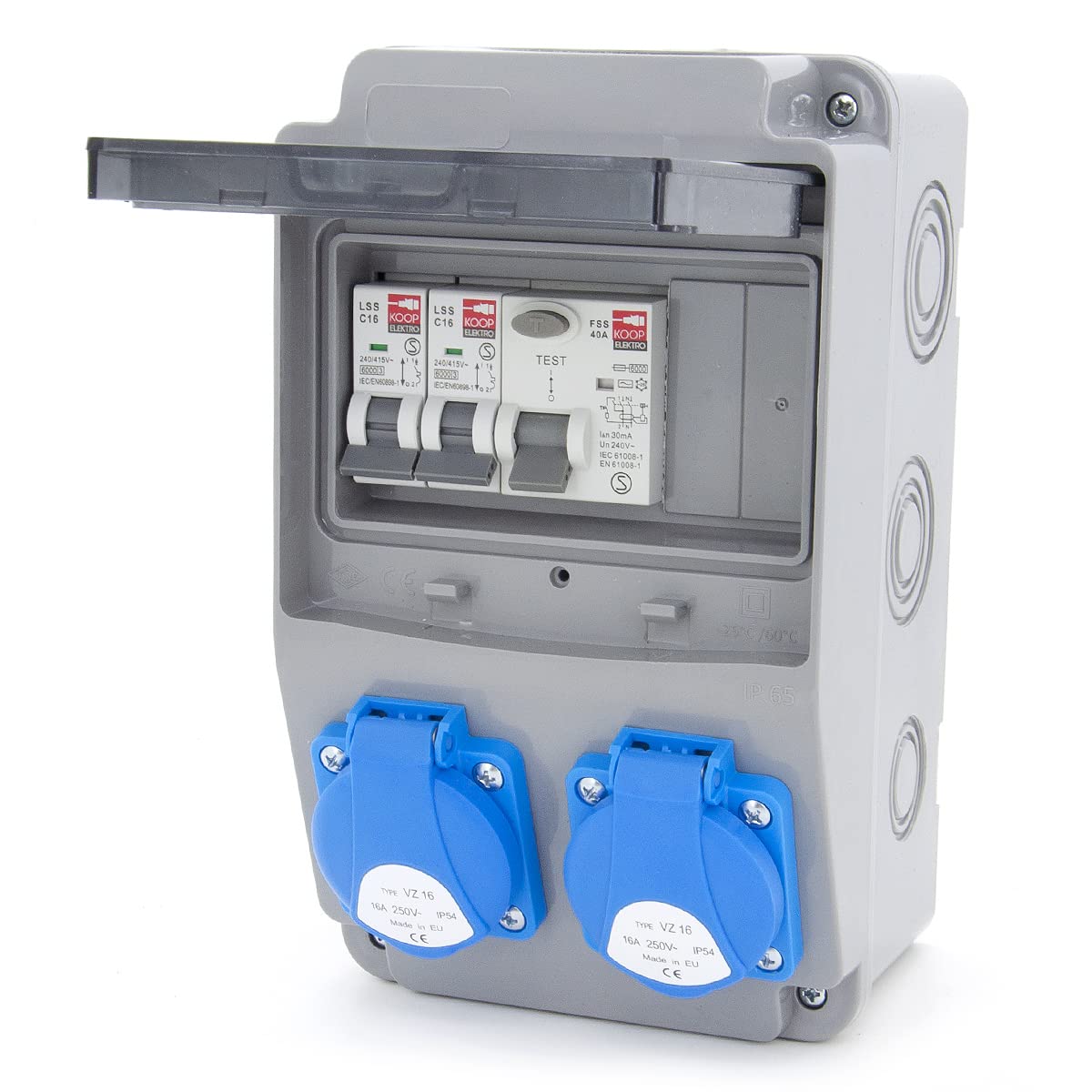ELS Elektrotechnika Distribuidor de enchufes Schuko 2 x 230 V + fusibles, 2 x LS C16 + FI40, cable y listo para conectar, para interiores y exteriores, IP54