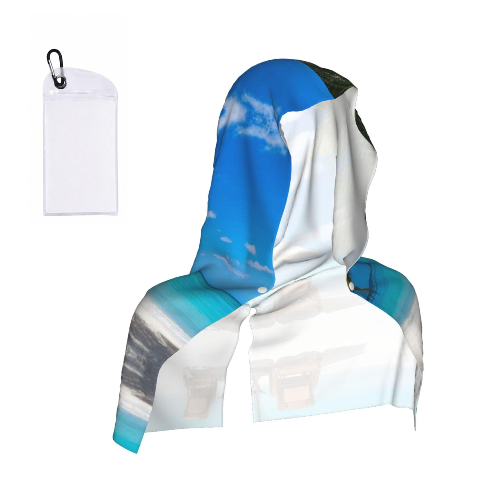 SATUSA White Beach Tropical Sea Print Cooling Hoodie Towel, Cooling Towels For Neck And Face, Quick Drying Absorbent Cooling Head Towel Beach Camping Gym Construction(2pcs)