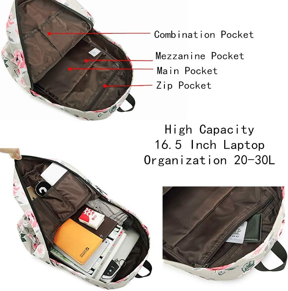 Unisex Backpack Canvas Daypack Multifunction Nylon School Bag Flower Backpacks Computer Notebook Bag Women Mens Teenager for Outdoor Hiking Camping Travel (Grey -A)