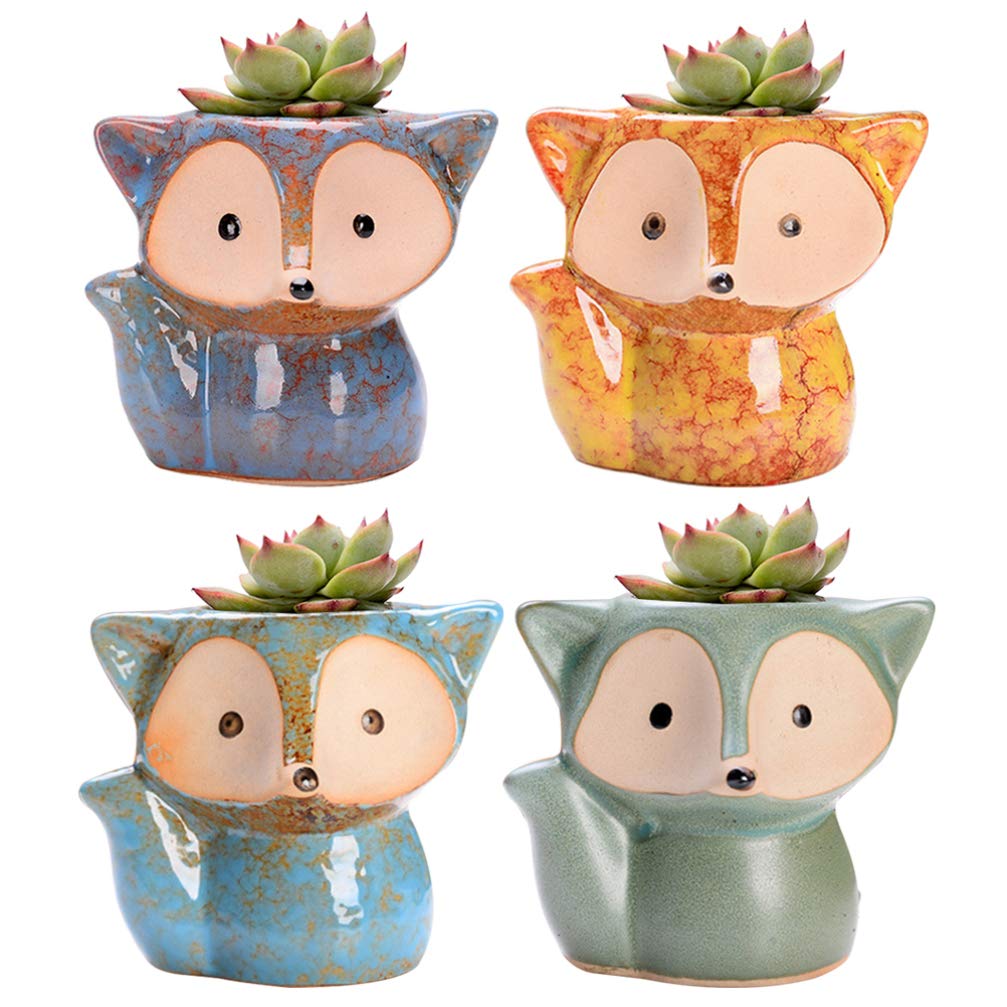 Pentole for piante in vaso succulente da giardino, 4 pezzi di volpe succulente in stile animale in ceramica in ceramica Mini bonsai Contenitore di piante for la decorazione della scrivania della casa