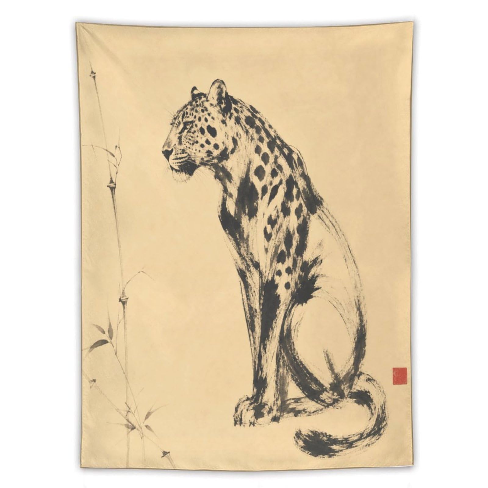 H3B8U2Y5 Leopard Ink Study Wall Tapestry, Realistic Illustration, Bamboo