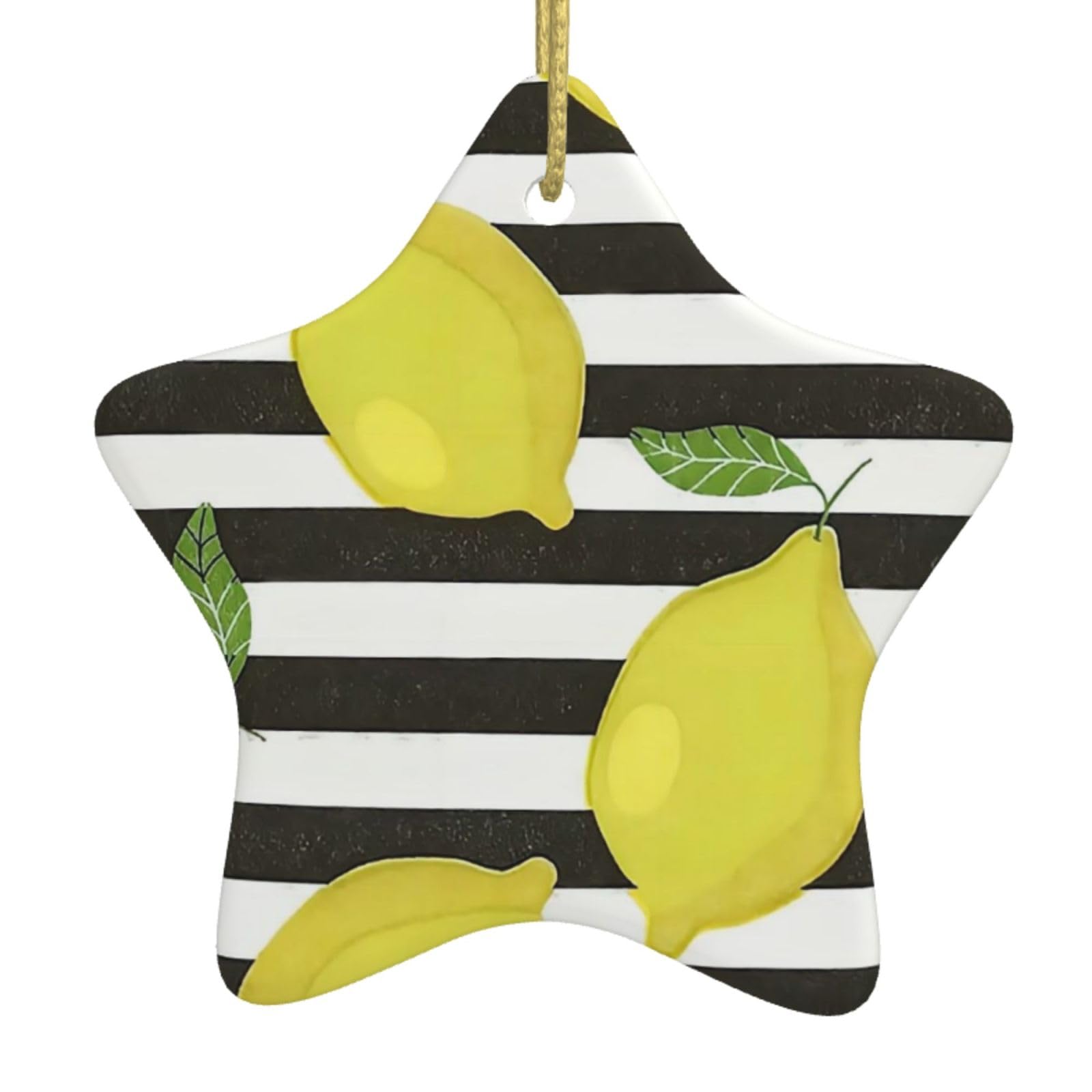 Nbtghga White Blue Stripe And Lemon Print Christmas Ornaments, Ceramic Hanging Ornament, Round Shape Decorations