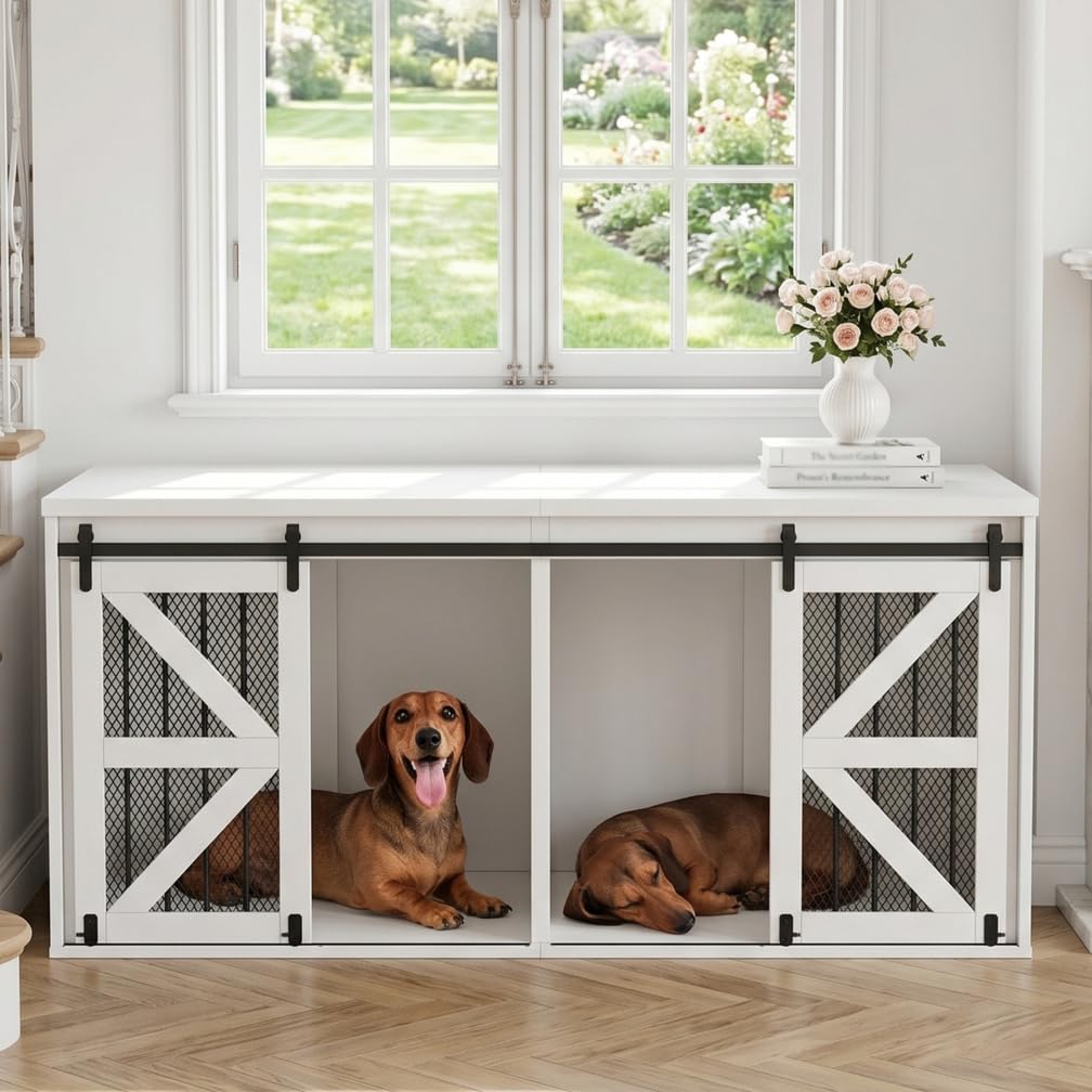 Hundeschrank mit Scheunentor-Tür, 160 x 60 x 75 cm Hundebox Möbel | Indoor-Hundehaus aus Metall und Faserplatte für Zwei Hunde, mit fester mittlerer Trennwand, mit Schiebetüren, Weiß