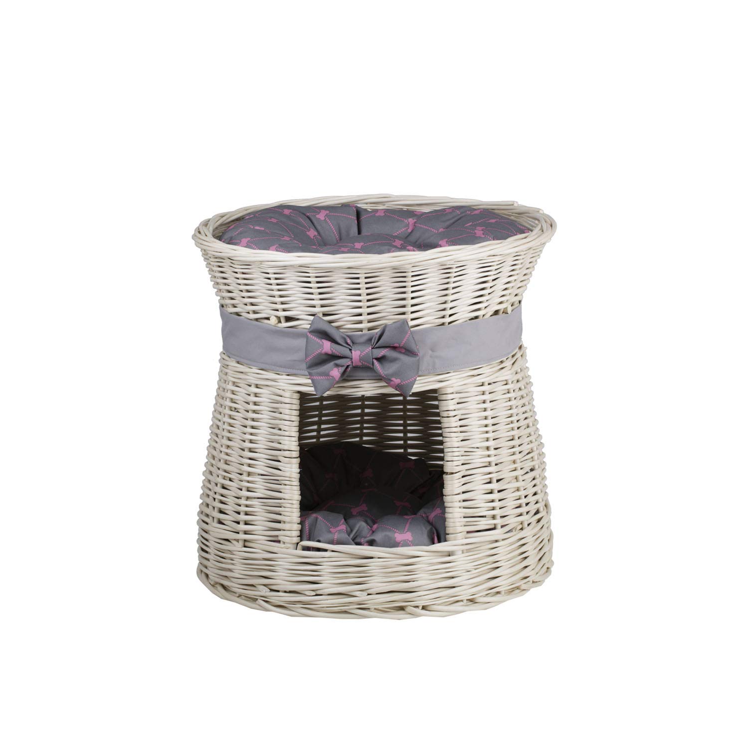 e-wicker24 White Wicker Indoor Igloo Cat Bed Cave Double Cat Bed pet Cave Indoor Cat House with Bed on Top Cosy Cave Bed Cat Sofa Box Wicker Cat Basket with Soft Cushion (Bone Grey)