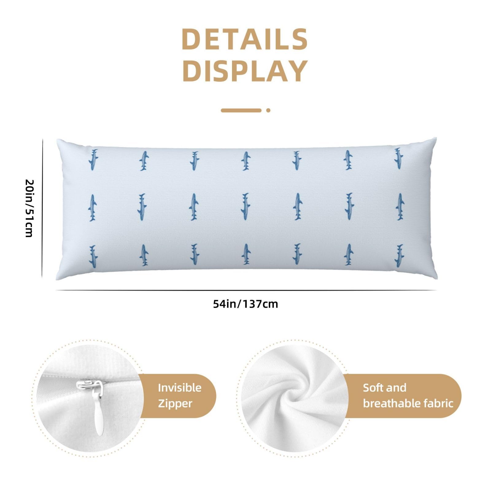 Buewutiry Cartoon Cool Shark_D Body Pillow Cover - Breathable Body Pillow Pillowcase, Super Soft Long Body Pillow Case Cover with Zipper 20x54in