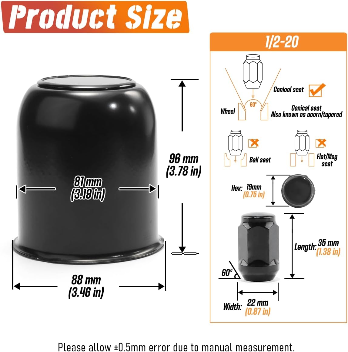 3.19in Trailer Wheel Center Caps & Lug Nut Kit (4-Pack Push Through Caps + 24 Black 1/2-20 Lug Nuts) - High Gloss Black Carbon Steel Hub Caps for Trailer, Truck, RV, SUV