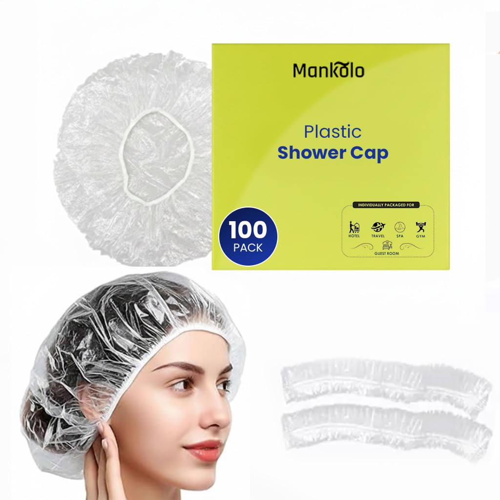 Mankolo Plastic Shower Cap for Women & Men (Pack of 100) - Waterproof & Reusable Showercap for Hotel, Bathroom, Spa & Salon - Hair Cover Heat Cap for Hair Spa - Disposable Shower Caps
