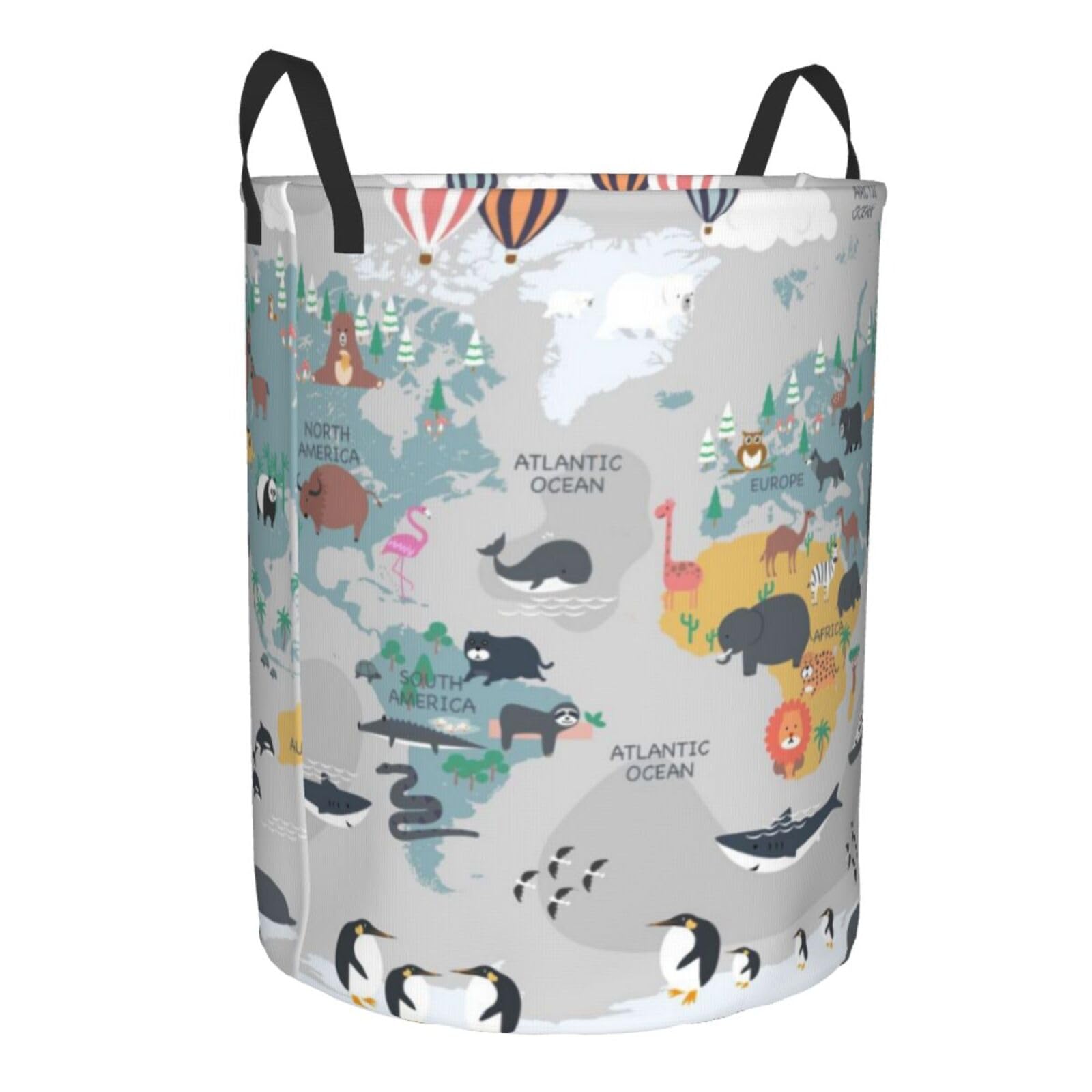 Grand panier à linge avec poignées – Carte du monde avec animaux de dessin animé pour bébés et enfants – Panier à linge sale