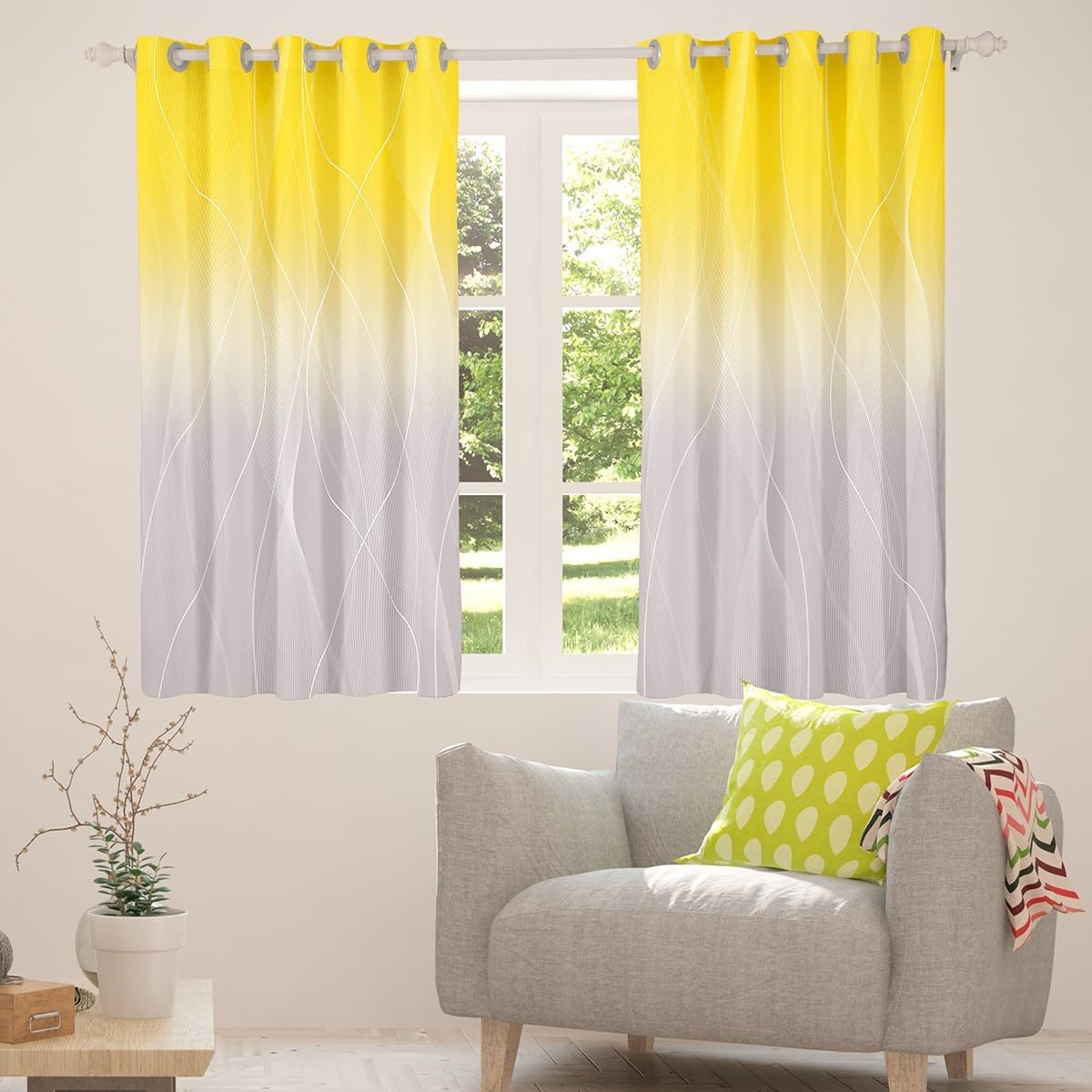 jejeloiu Yellow Darkening Drapes Kids Ombre Grey Strip Lines Curtains for Bedroom Living Room Gradient Style 30%-50% Blackout Curtains for Women Men Lightweight Abstract Window Treatments s