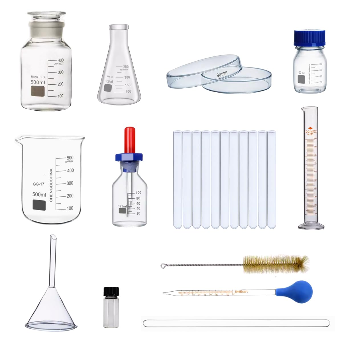 El conjunto de cristalería de laboratorio incluye botellas cónicas, vasos de vidrio, cilindros de medición graduados, botellas de reactivos, tubos de vidrio, gotas, pipetas graduadas, placas de petri,