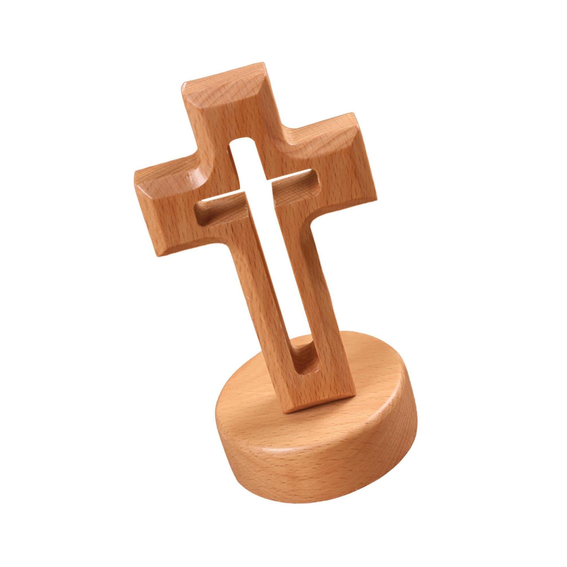 LIXSAZSE Church Home Decor Wooden Cross Ornament Collectible Figurines Elegant and Timeless Free Standing, round base, 12x7x2cm