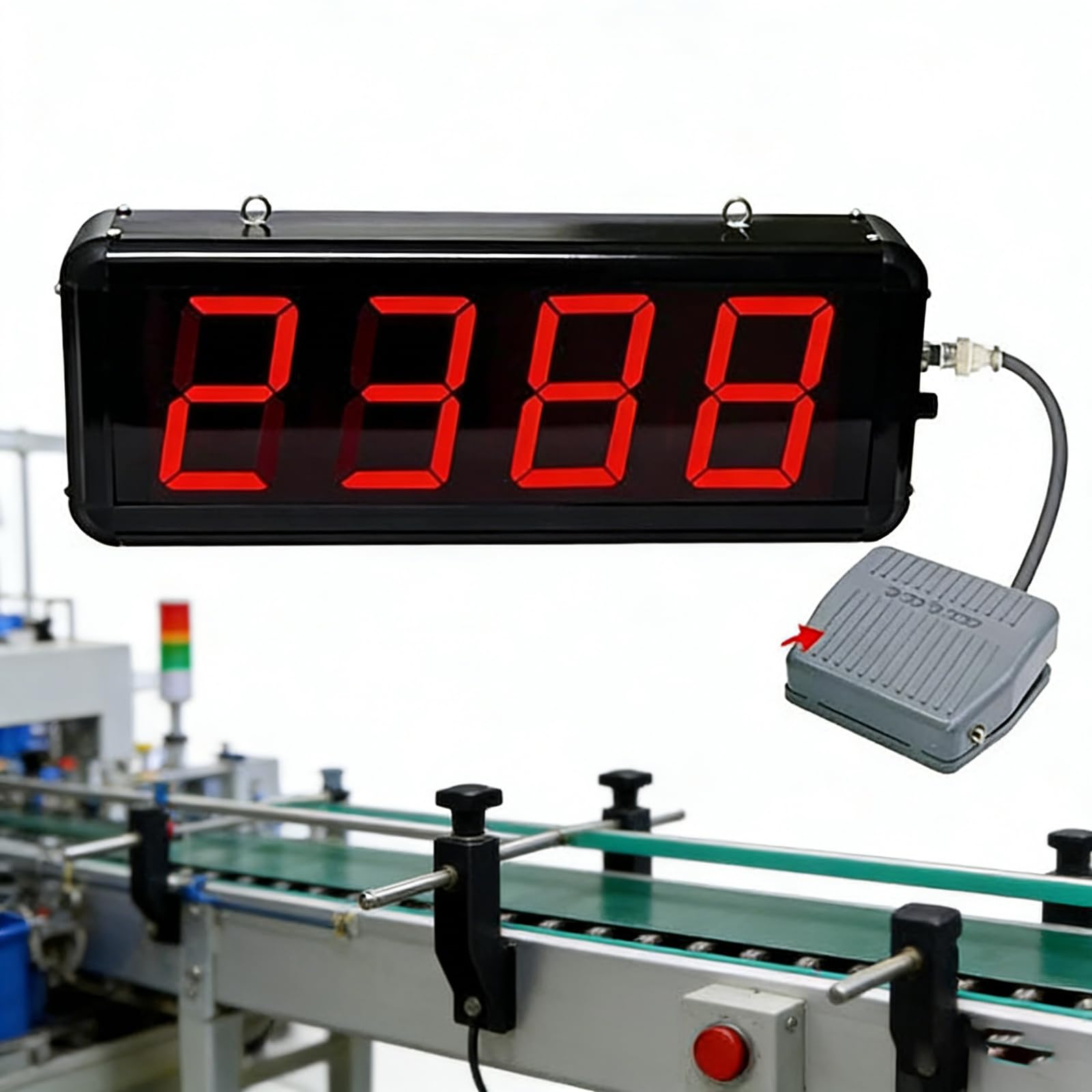 Contatore elettronico digitale con display rosso a 4 cifre e pedale, conteggi 0-9999, ideale per negozi, scuole e fabbriche
