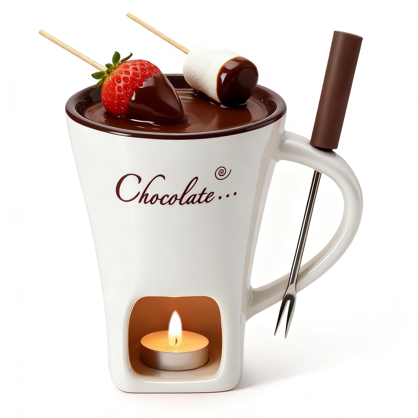Chocolate Fondue Mug with Fork Set | Ceramic Chocolate Melting Cup | Personal Mini Cheese & Chocolate Melting Pot | Romantic Date Night Birthday Wedding Gift (White)