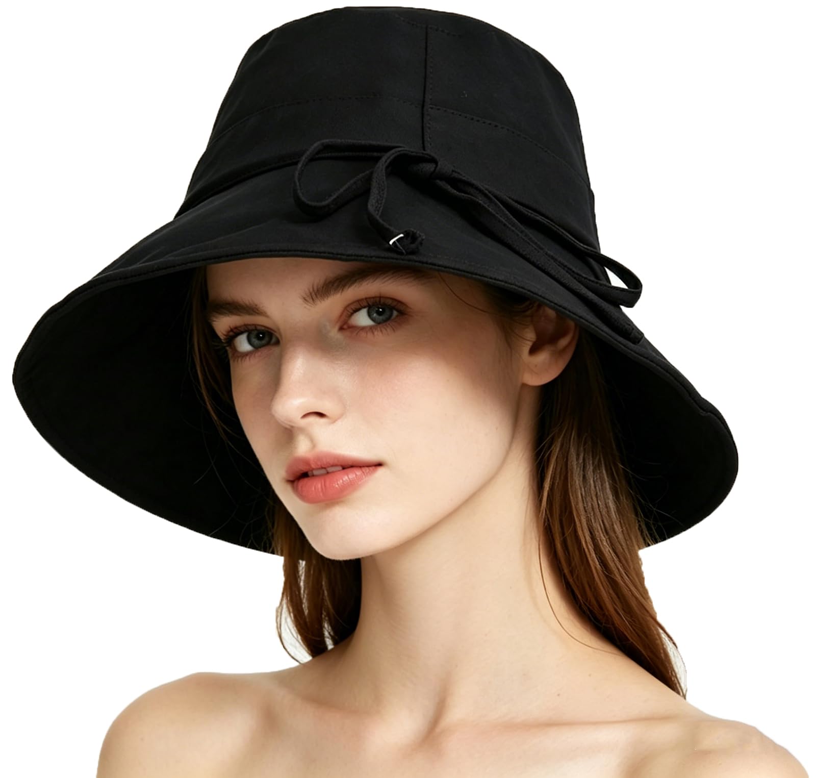 Xinchia Women's Black Bucket Sun Hat Foldable Bucket Hat With String Upf50+ Fisherman Hat Cotton Beach Hat Cap Wide Brim Sun Hats For Sun Uv Protection Hat Travel Fishing Hat Cap Floppy Hat Sun Visor Cap