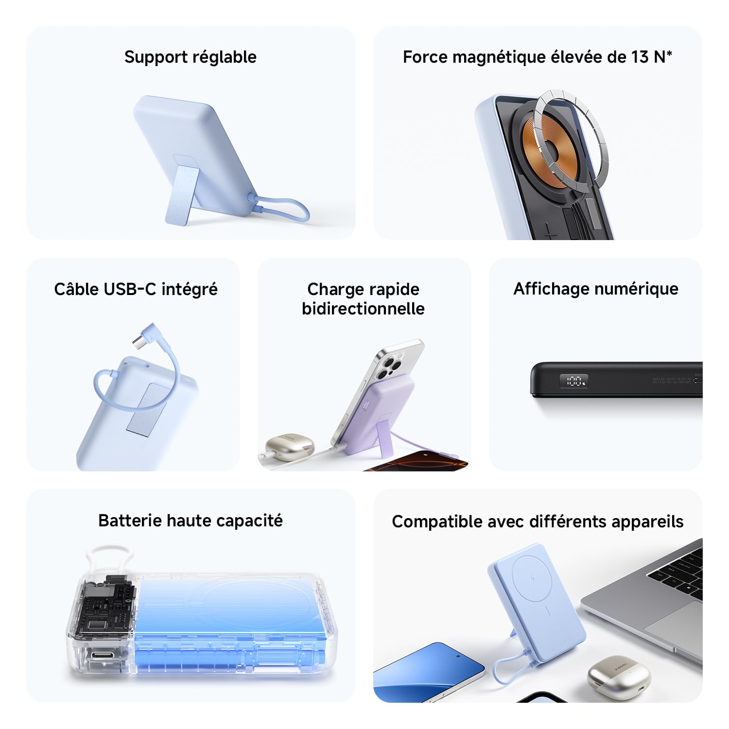Xiaomi Batterie Externe 10000mAh, Power Bank MagSafe avec Support, USB-C