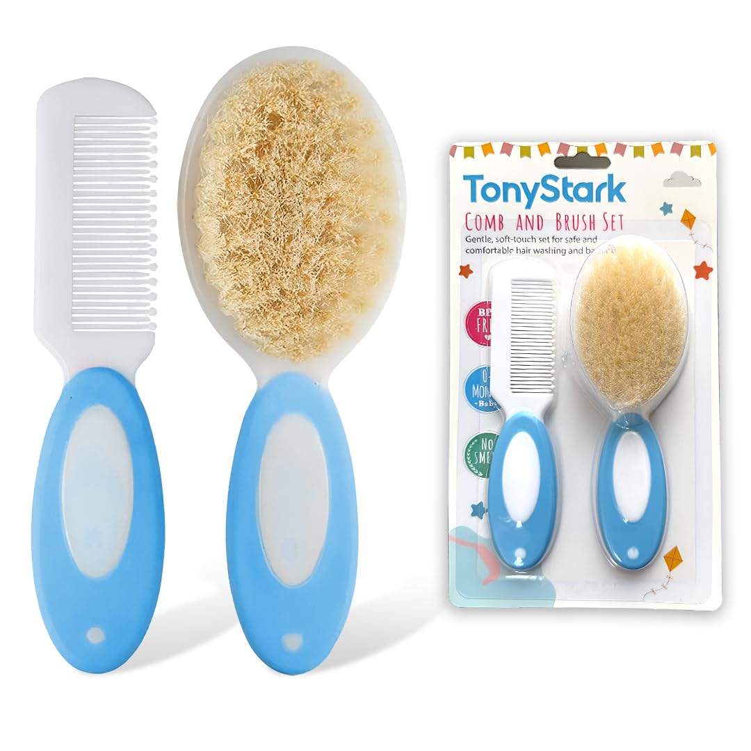TONY STARK Baby Brush and Comb Set, Newborn Essentials Set with Baby Comb and Soft Bristle Hair Brush for Your Toddler’s Scalp (Blue)