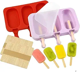 Kit 2 Forma de Sorvete Picole Caseiro Silicone Com 3 Cavidades Tampa 50 palitos