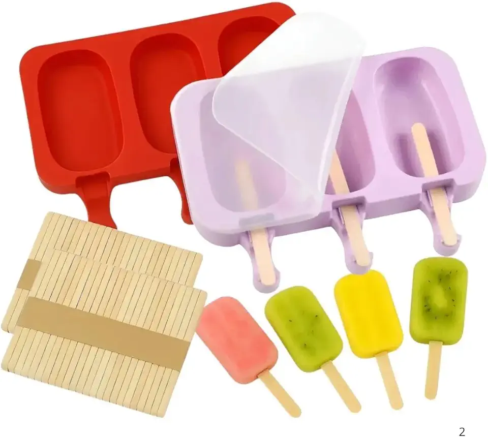 Forma de Sorvete Picole Caseiro Silicone Com 3 Cavidades Tampa 50 palitos