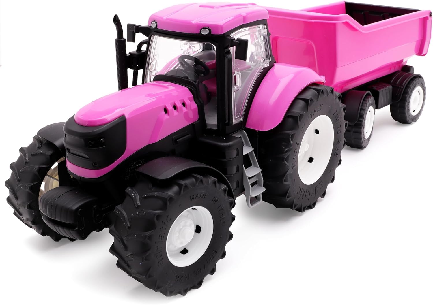 Toyland® 58cm (23") Pink Tractor & Trailer With Opening Doors & Lifting Trailer - 1:16 Scale - Toy Farming Vehicles