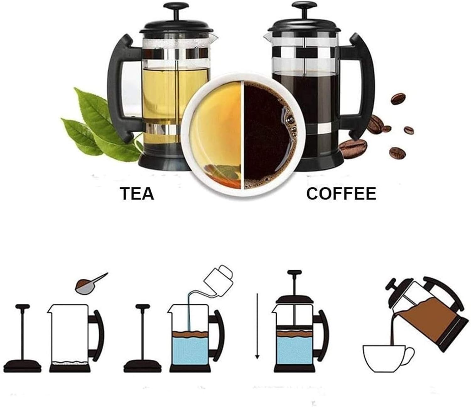 Press Coffee/Tea Coffee Pots, Coffee Maker, Kettle Stainless Steel Glass Thermos, Coffee & Tea Carafes, 1000ML