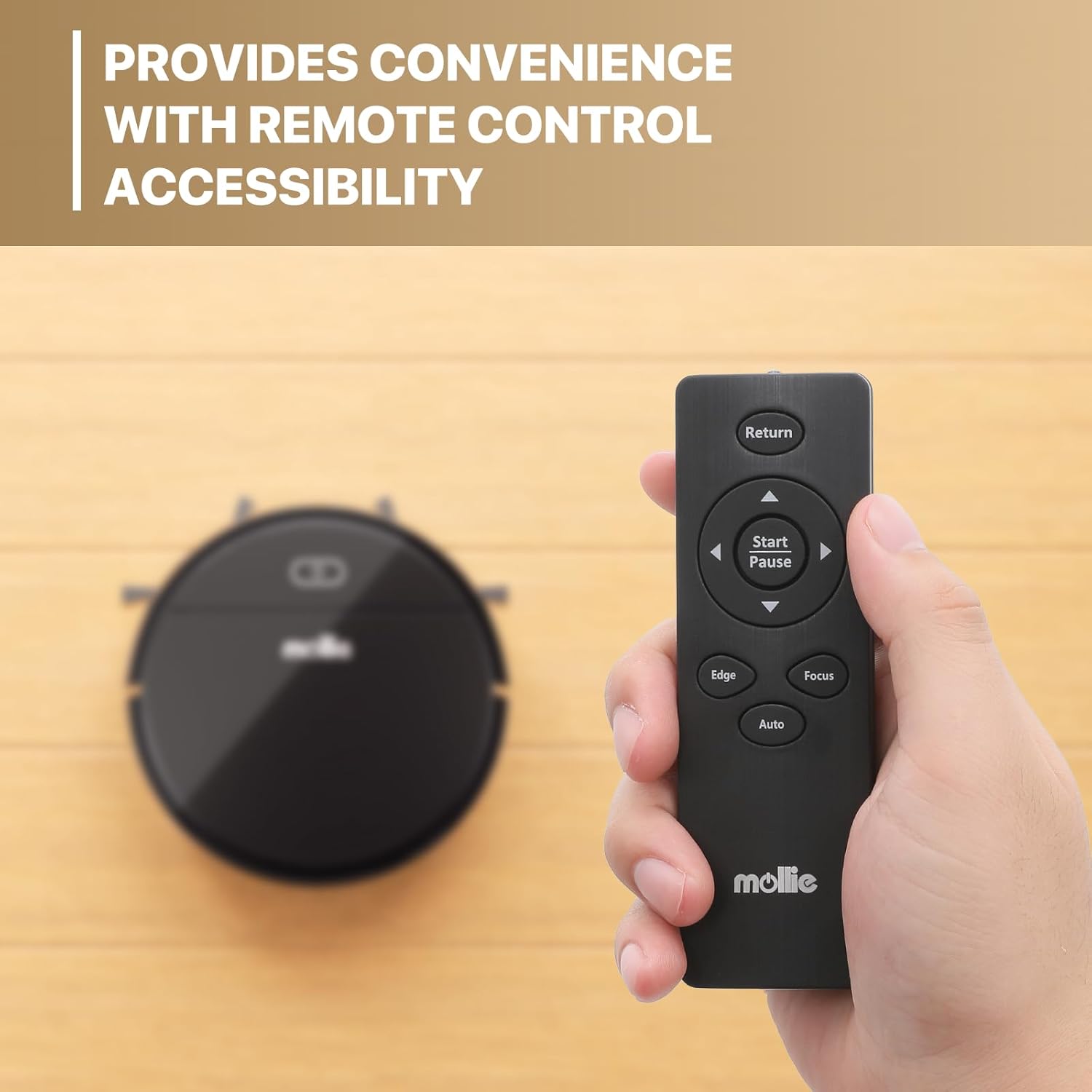 Hand holding the mollie Robot Vacuum remote control